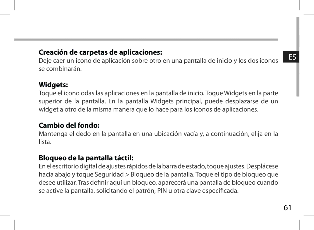 Archos 101XS user manual Creación de carpetas de aplicaciones, Cambio del fondo, Bloqueo de la pantalla táctil 