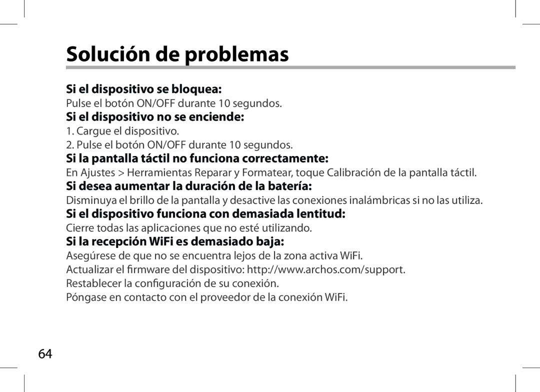 Archos 101XS user manual Solución de problemas 