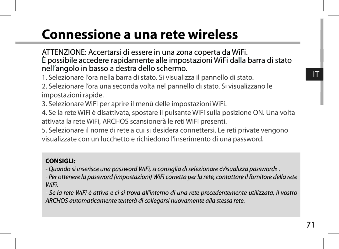 Archos 101XS user manual Connessione a una rete wireless 