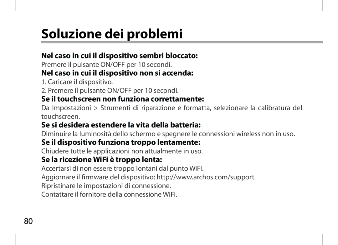 Archos 101XS user manual Soluzione dei problemi 