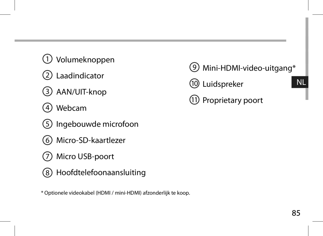 Archos 101XS user manual Optionele videokabel Hdmi / mini-HDMI afzonderlijk te koop 