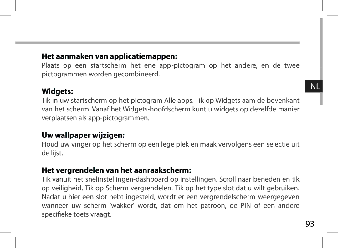 Archos 101XS user manual Het aanmaken van applicatiemappen, Uw wallpaper wijzigen, Het vergrendelen van het aanraakscherm 