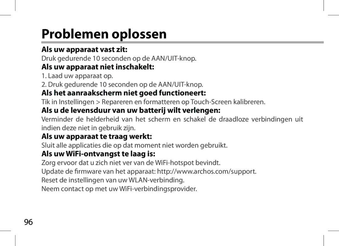 Archos 101XS user manual Problemen oplossen 