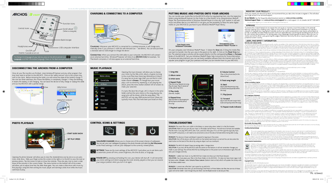 Archos 107644V2 warranty Charging & connecting to a computer, Putting Music and photos onto your ARCHOs, Music playback 