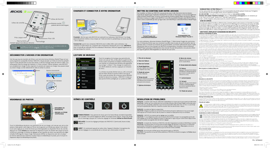 Archos 107644V2 warranty Charger et connecter à votre ordinateur, Mettre du contenu sur votre Archos, Lecture de musique 