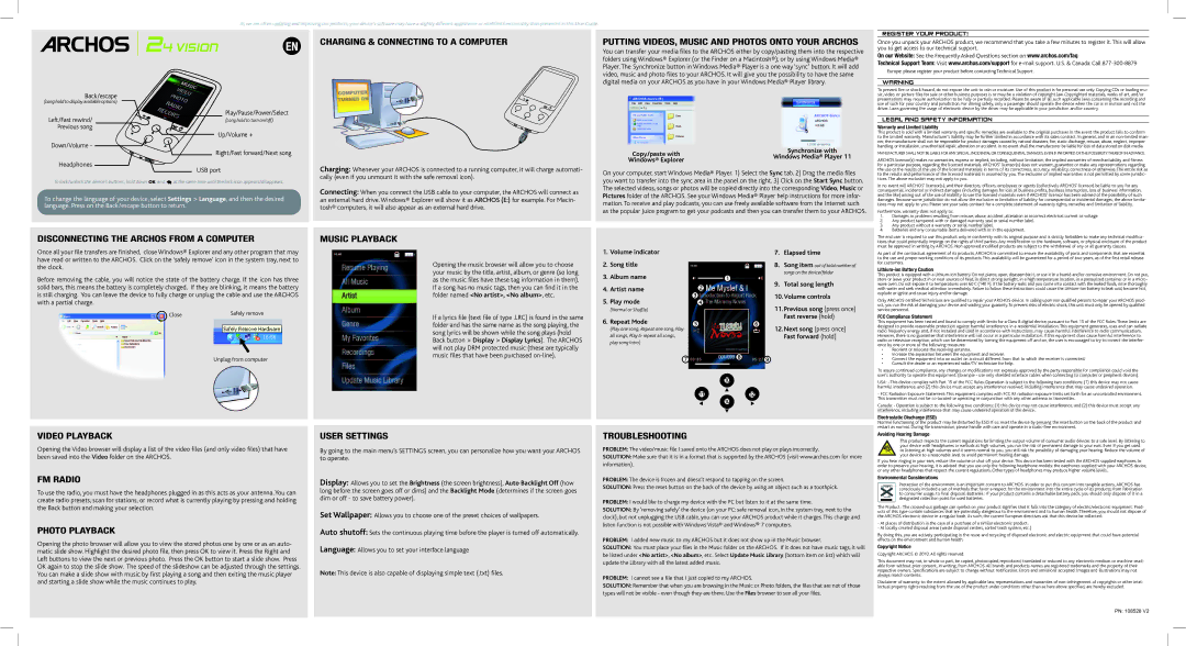 Archos 108528 V2 warranty Charging & Connecting to a Computer, Disconnecting the Archos from a Computer, Music Playback 