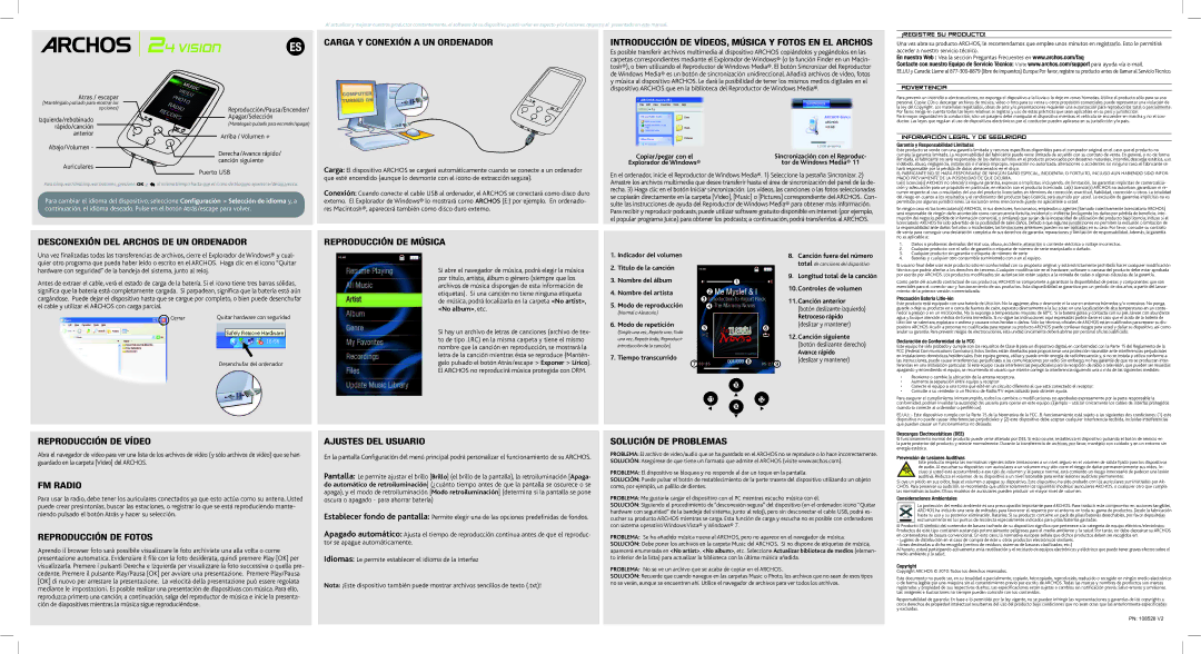 Archos 108528 V2 warranty Carga Y Conexión a UN Ordenador, Desconexión DEL Archos DE UN Ordenador, Reproducción DE Música 