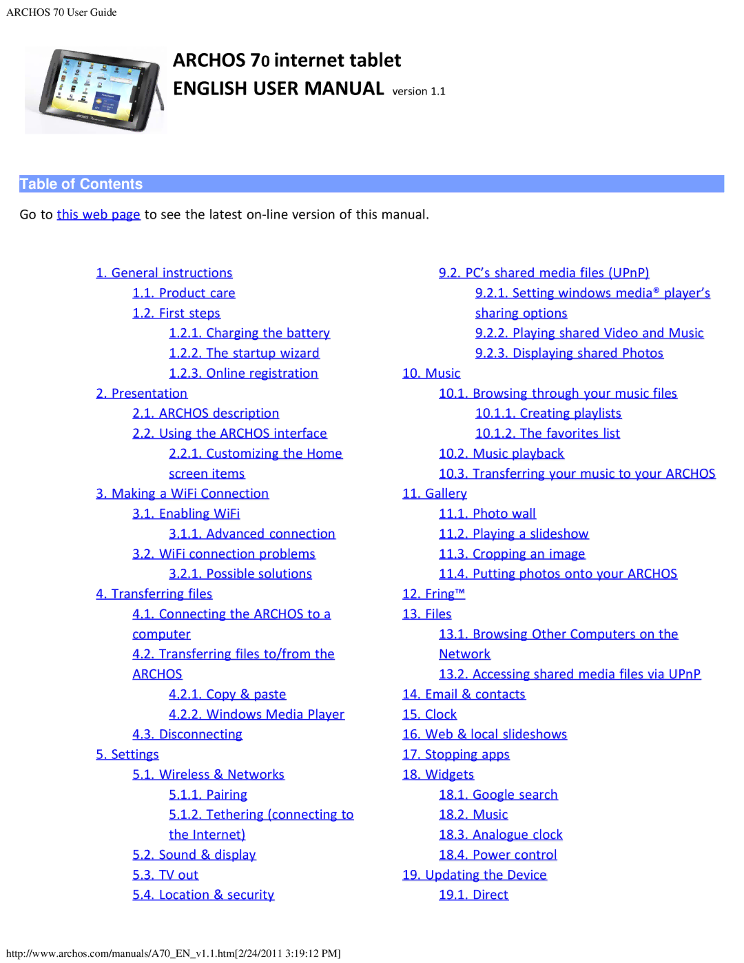 Archos 501586, 1.1 user manual Archos 70 internet tablet, Table of Contents 