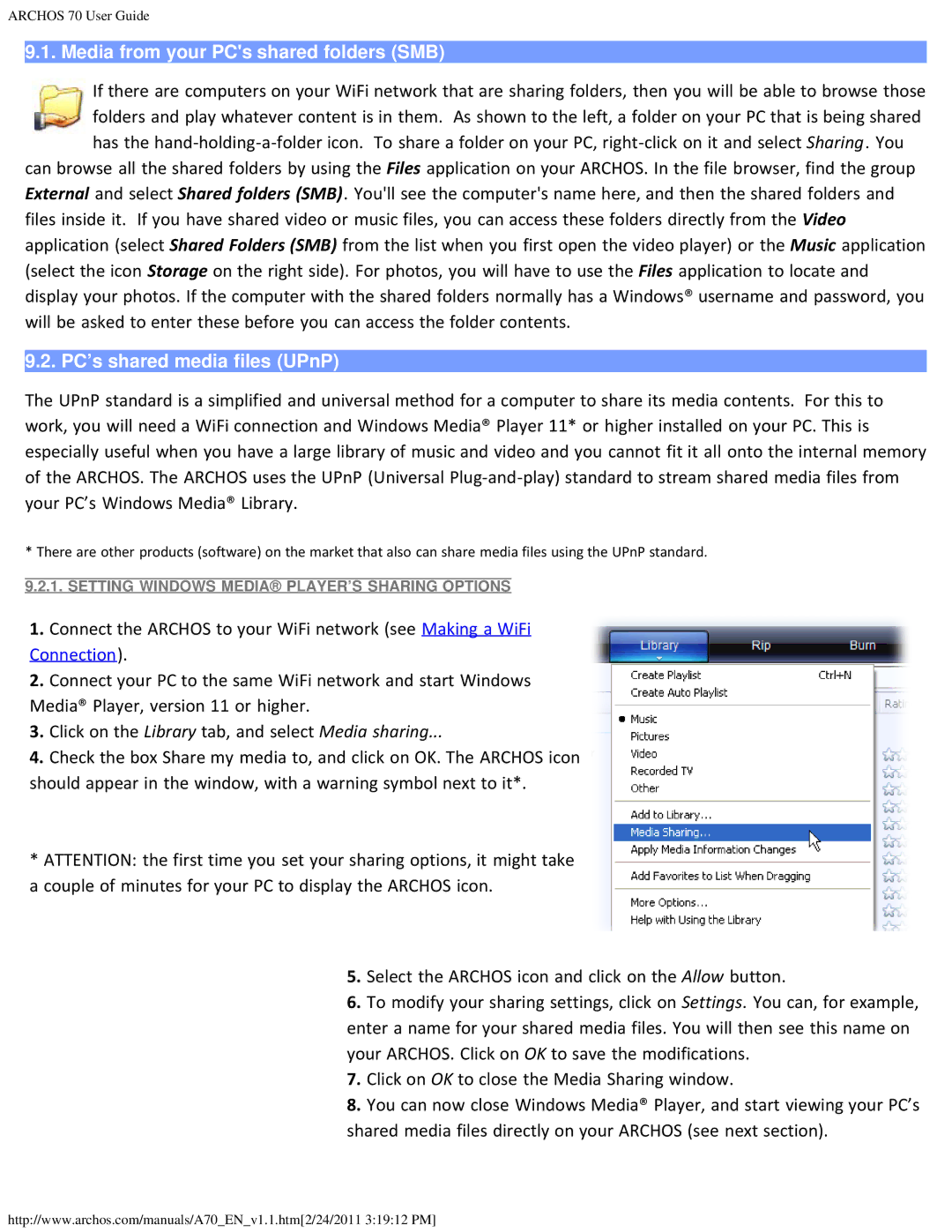 Archos 1.1, 501586 user manual Media from your PCs shared folders SMB, PC’s shared media files UPnP 