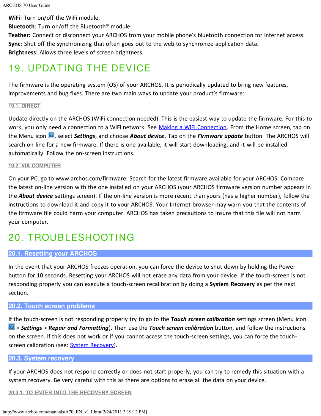 Archos 1.1, 501586 Updating the Device, Troubleshooting, Resetting your Archos, Touch screen problems, System recovery 