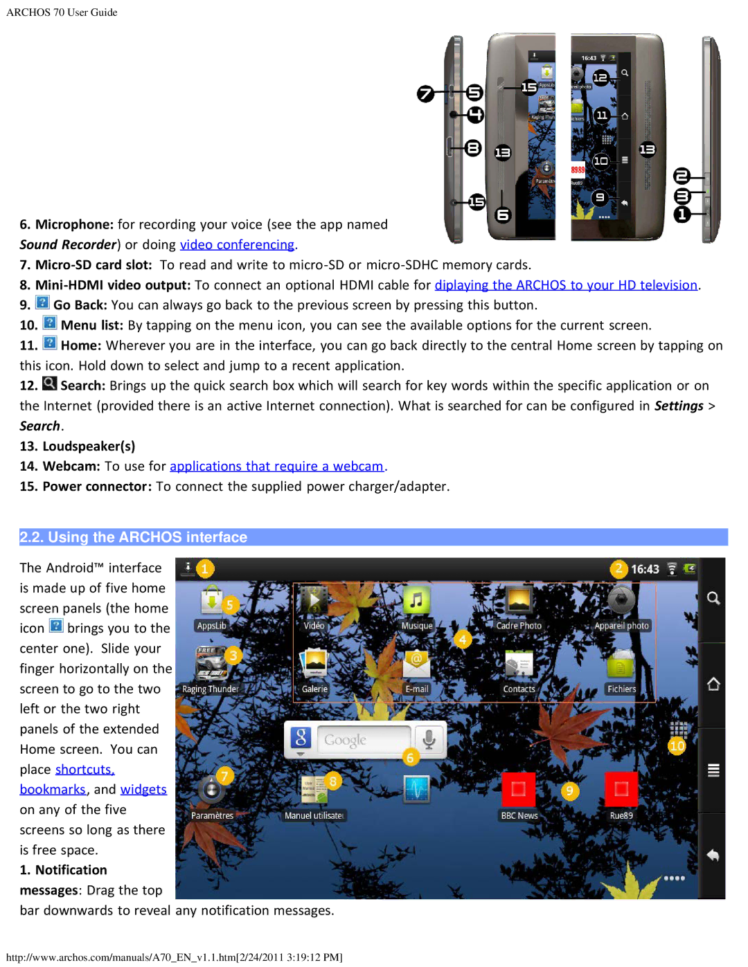 Archos 1.1, 501586 user manual Loudspeakers, Using the Archos interface 