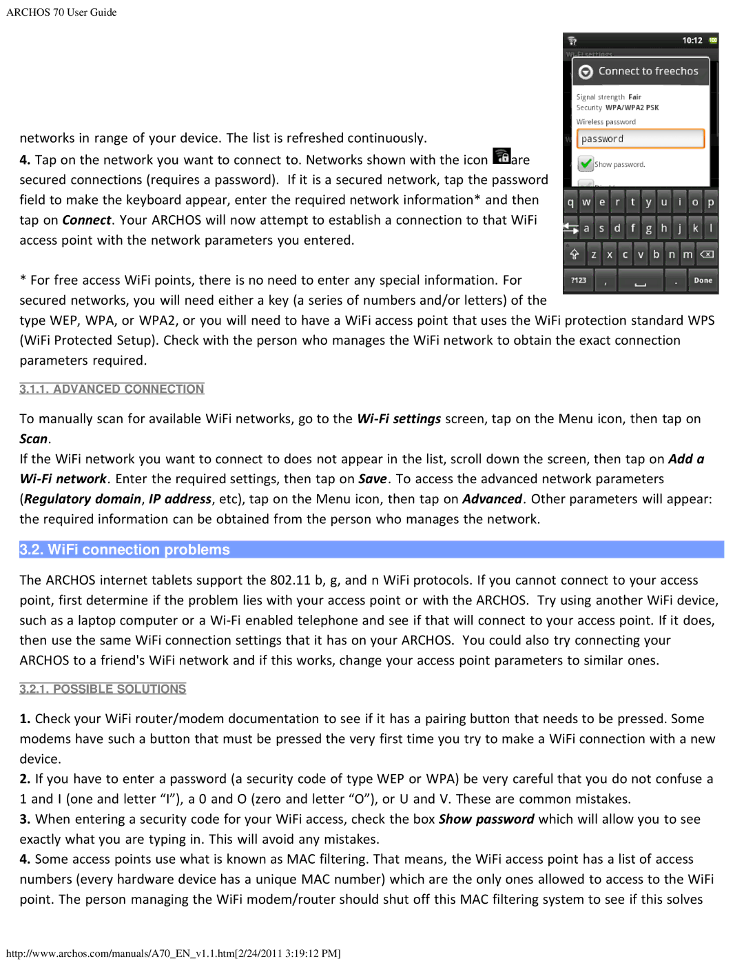 Archos 1.1, 501586 user manual WiFi connection problems 