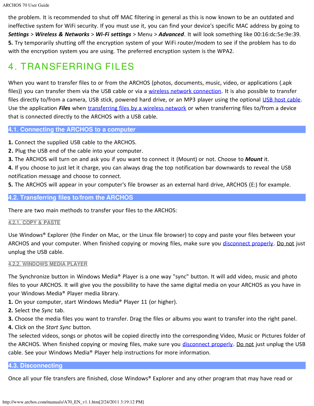 Archos 501586, 1.1 Transferring Files, Connecting the Archos to a computer, Transferring files to/from the Archos 