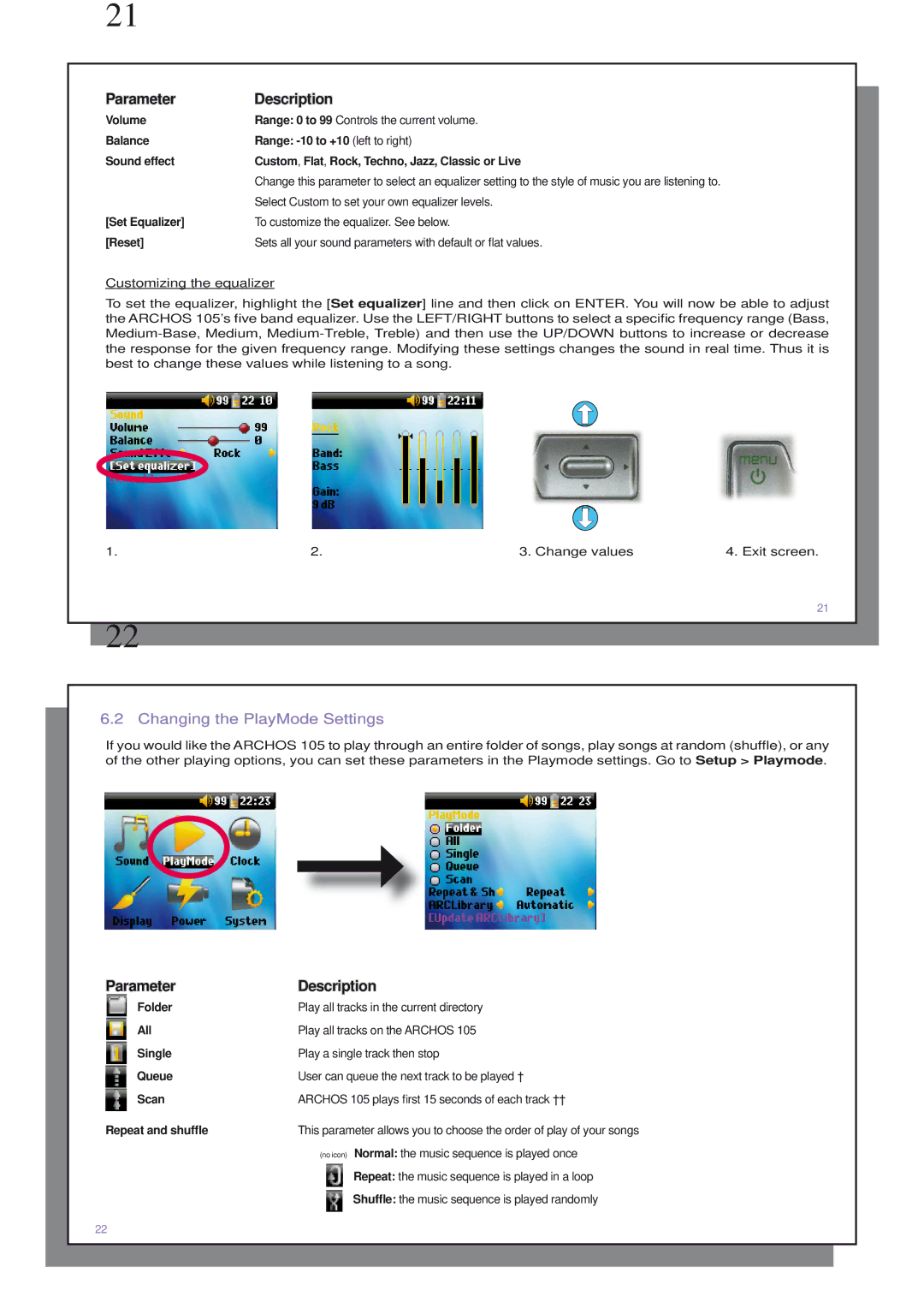 Archos 110505 user manual Changing the PlayMode Settings, Select Custom to set your own equalizer levels 