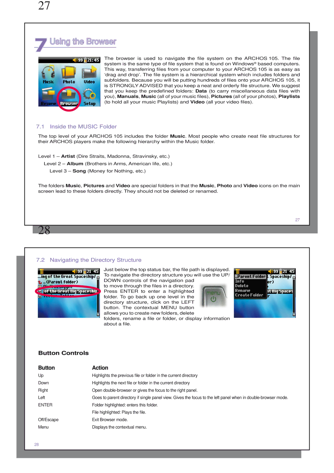 Archos 110505 user manual 7Using the Browser, Inside the Music Folder, Navigating the Directory Structure 