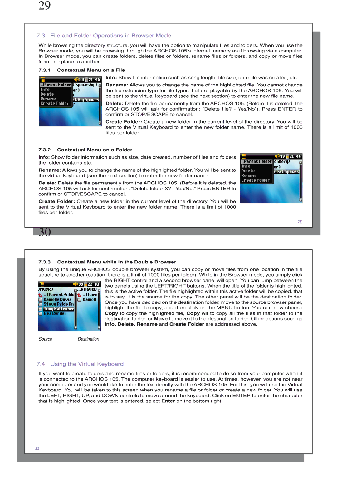 Archos 110505 user manual File and Folder Operations in Browser Mode, Using the Virtual Keyboard, Contextual Menu on a File 