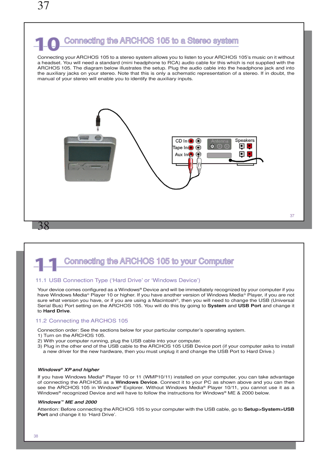 Archos 110505 user manual Connecting the Archos 105 to a Stereo system, Connecting the Archos 105 to your Computer 