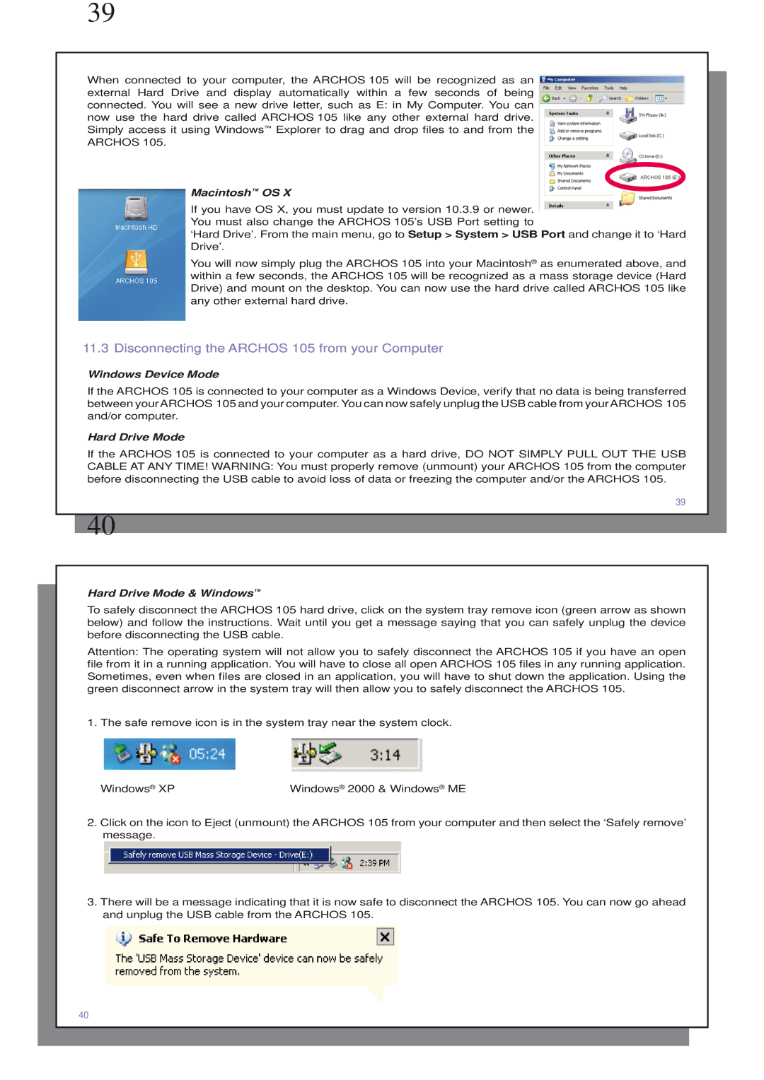 Archos 110505 user manual Disconnecting the Archos 105 from your Computer, Macintosh OS 