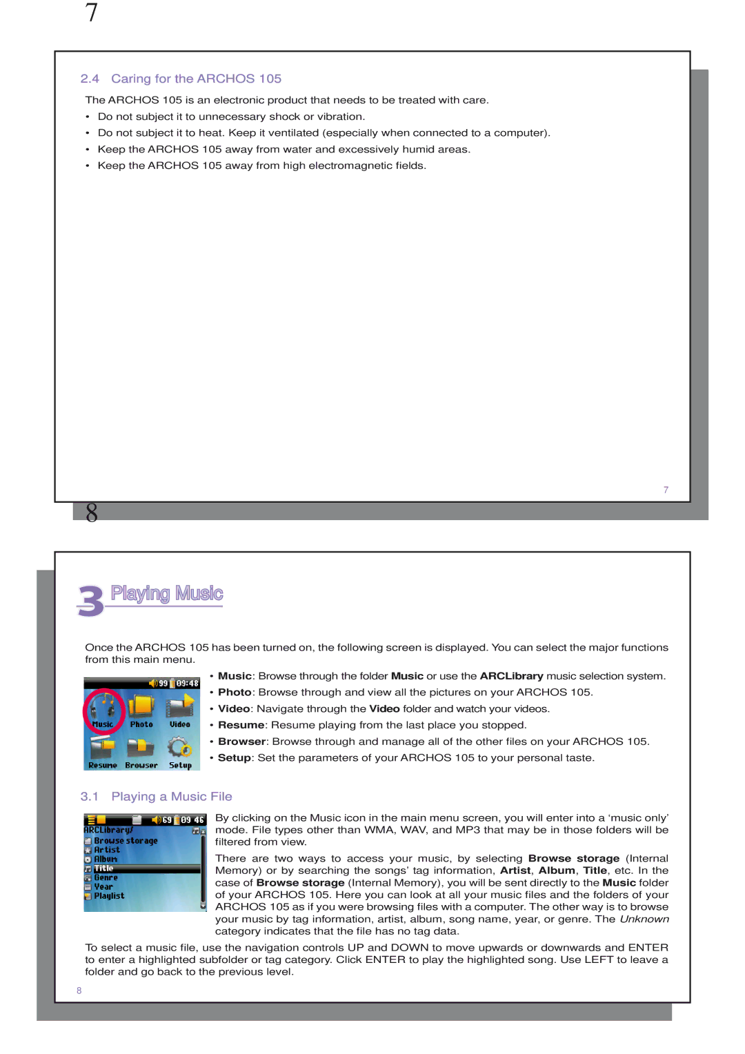 Archos 110505 user manual 3Playing Music, Caring for the Archos, Playing a Music File 
