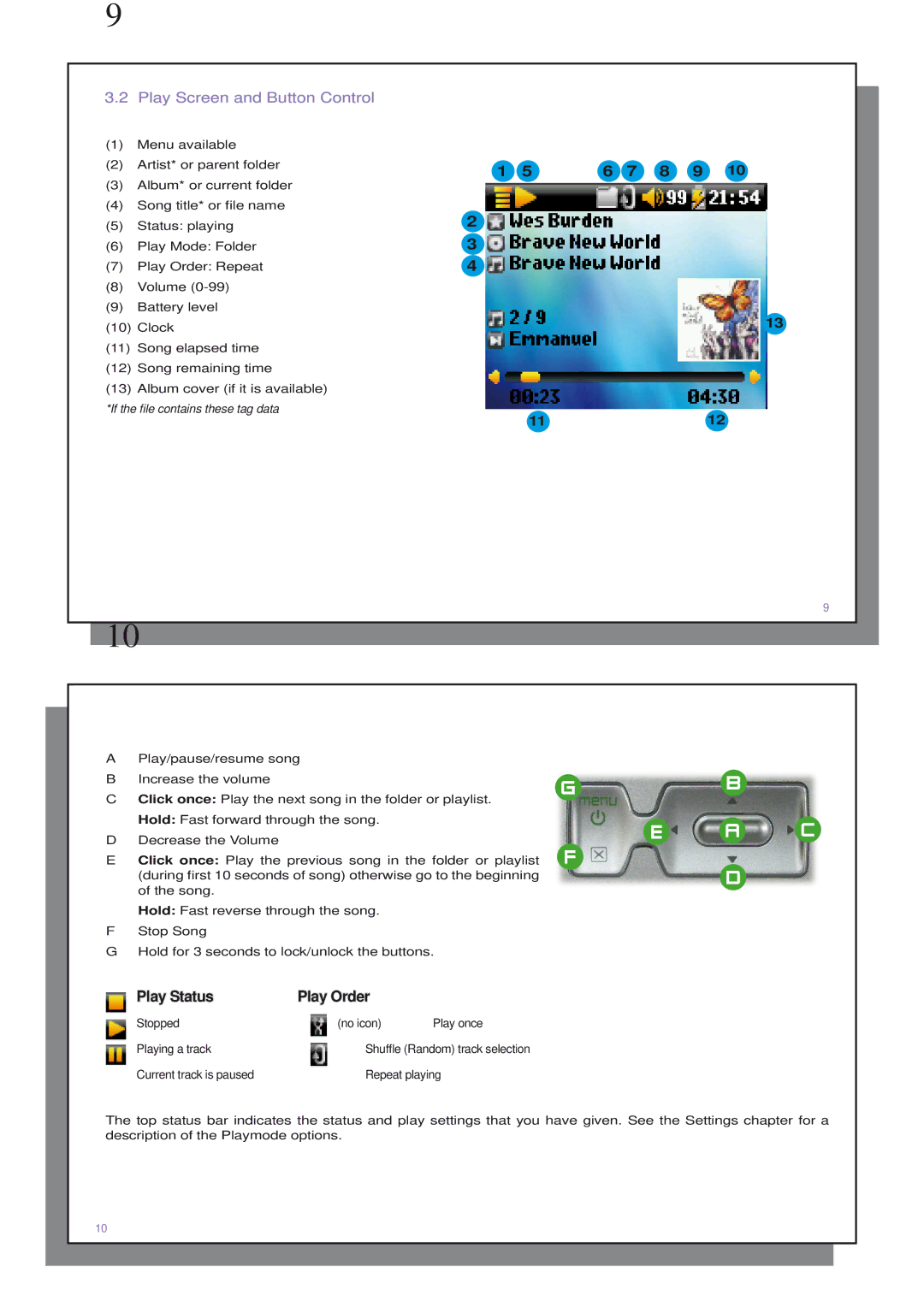 Archos 110505 user manual 8 9, Play Screen and Button Control 