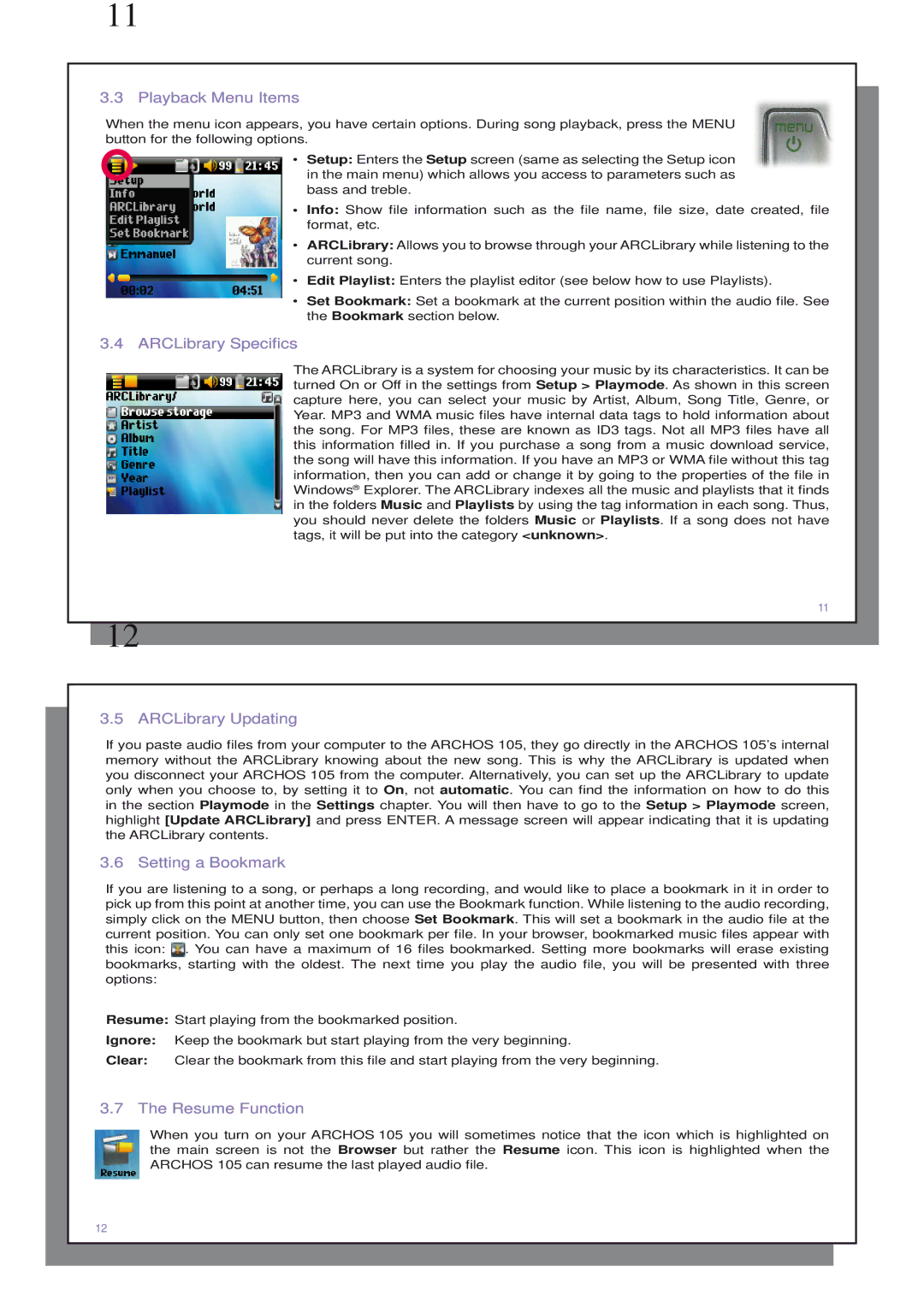 Archos 110505 Playback Menu Items, ARCLibrary Speciﬁcs, ARCLibrary Updating, Setting a Bookmark, Resume Function 