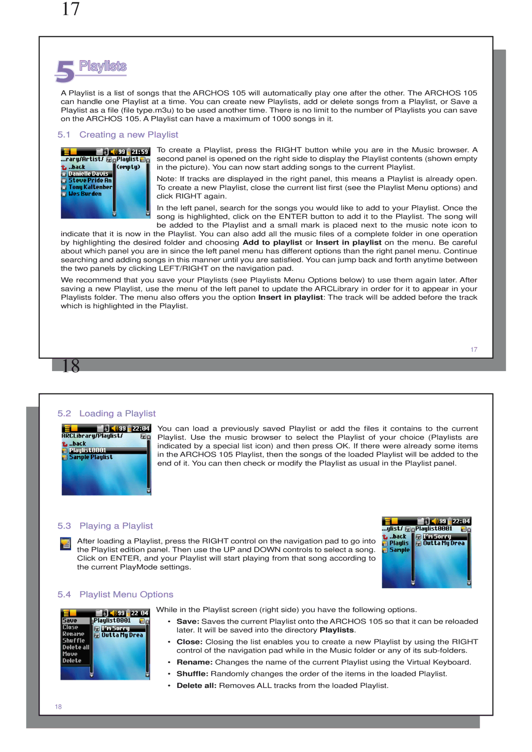 Archos 110505 5Playlists, Creating a new Playlist, Loading a Playlist, Playing a Playlist, Playlist Menu Options 