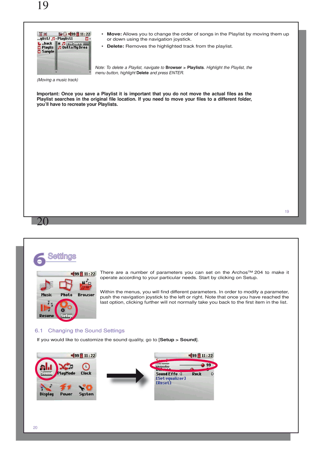 Archos 204 user manual 6Settings, Changing the Sound Settings 