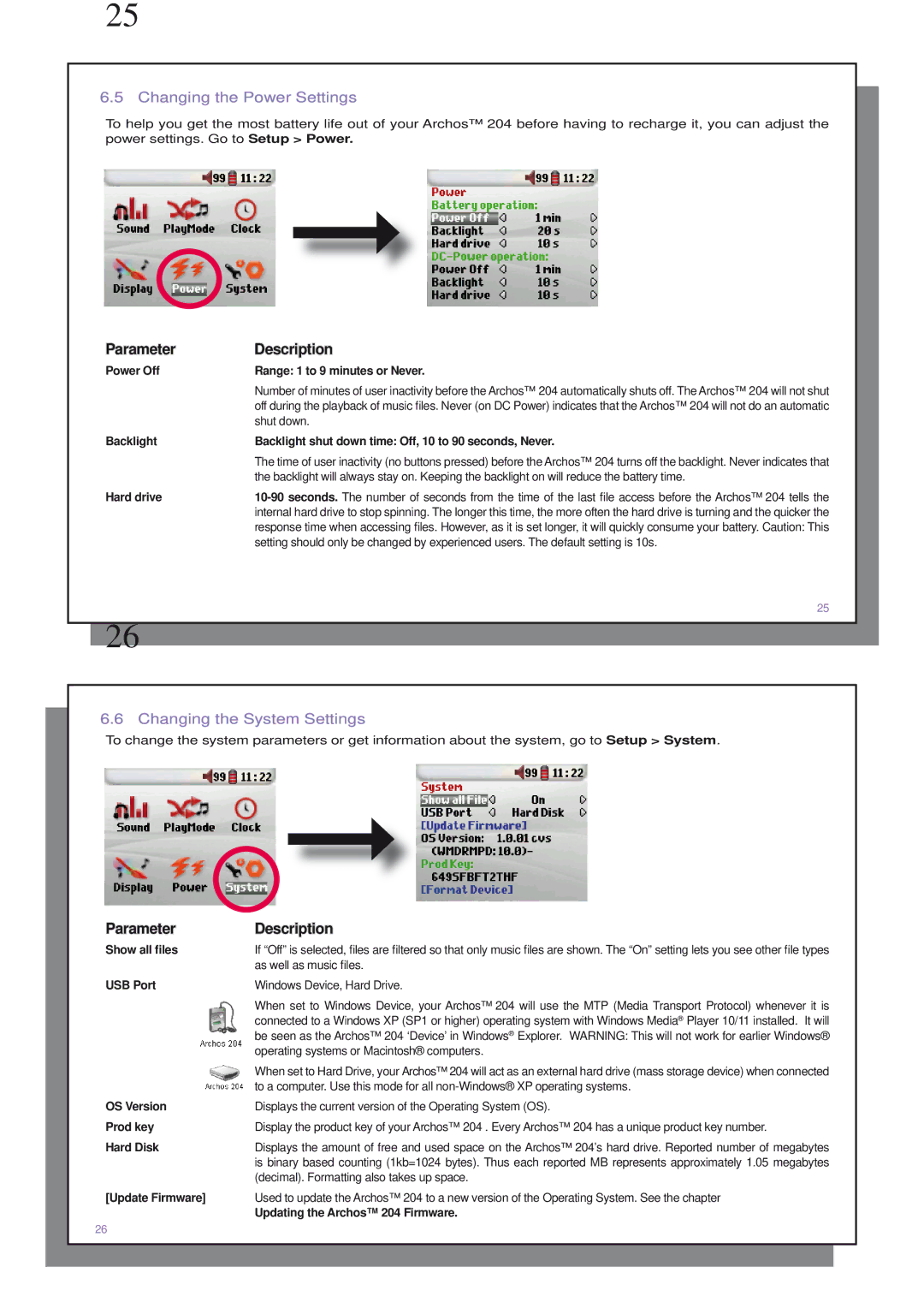 Archos 204 user manual Changing the Power Settings, Changing the System Settings 