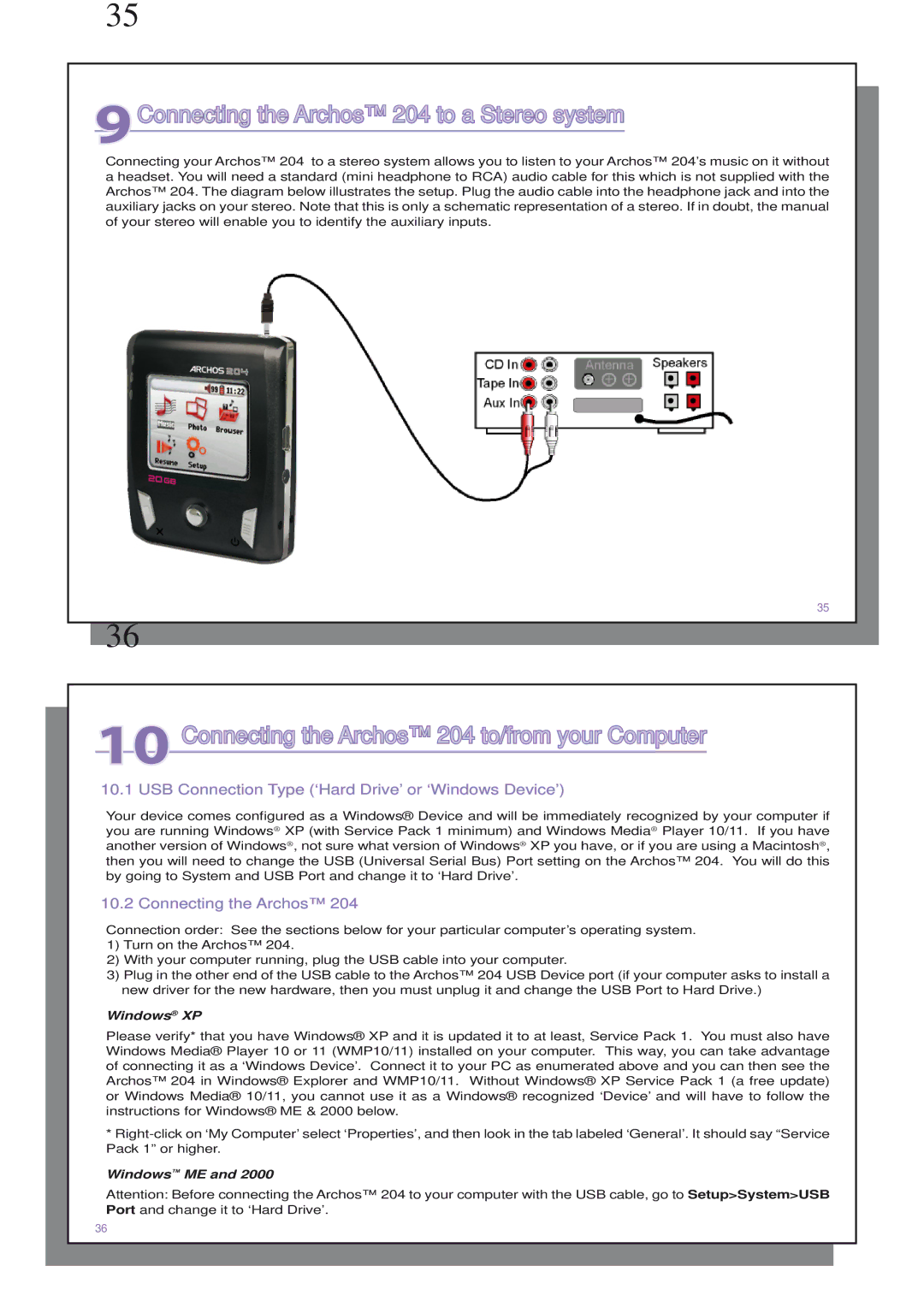 Archos user manual 9Connecting the Archos 204 to a Stereo system, Connecting the Archos 204 to/from your Computer 