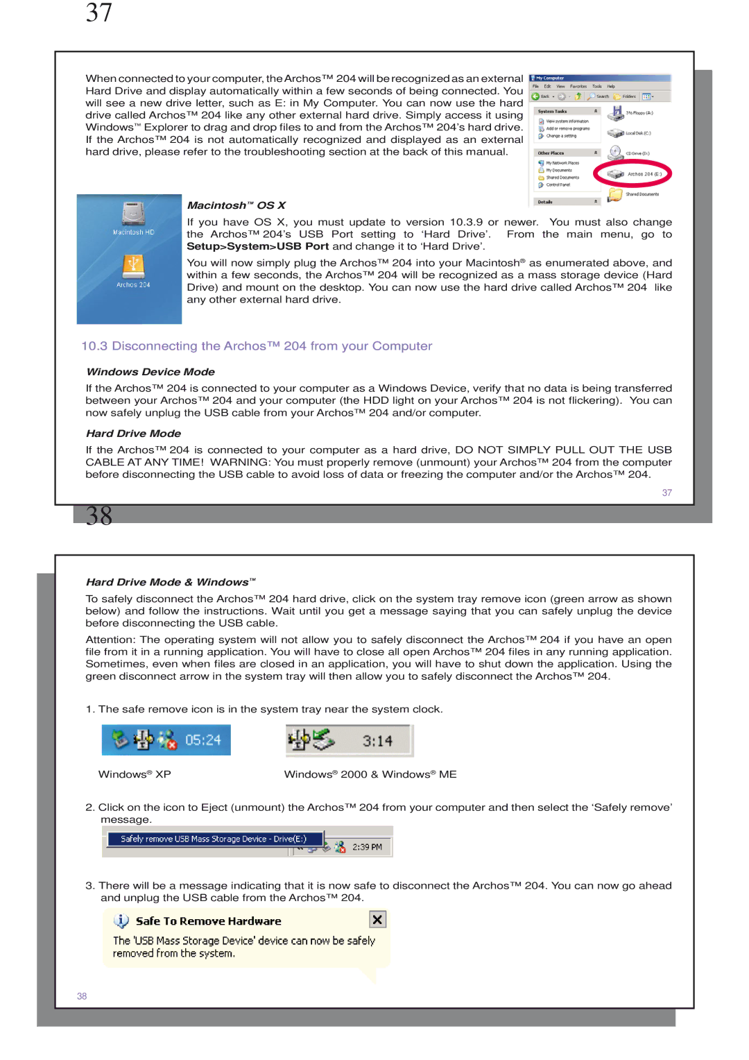 Archos user manual Disconnecting the Archos 204 from your Computer, Macintosh OS 