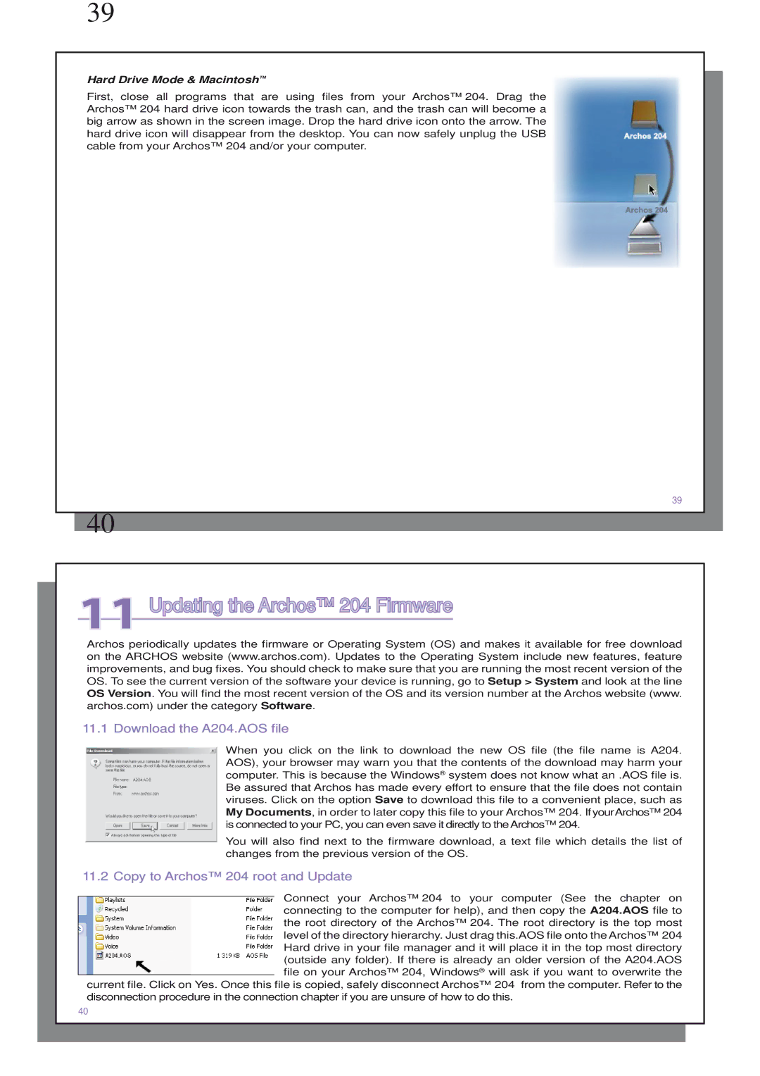 Archos user manual Updating the Archos 204 Firmware, Download the A204.AOS ﬁle, Copy to Archos 204 root and Update 