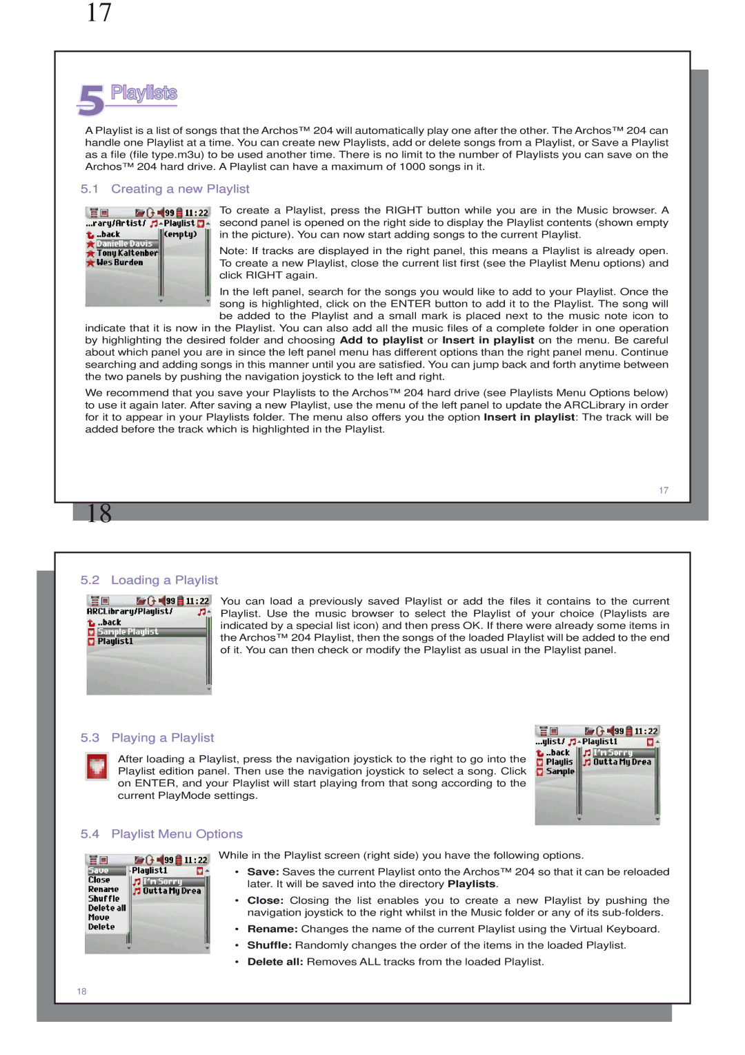 Archos 204 user manual 5Playlists, Creating a new Playlist, Loading a Playlist, Playing a Playlist, Playlist Menu Options 