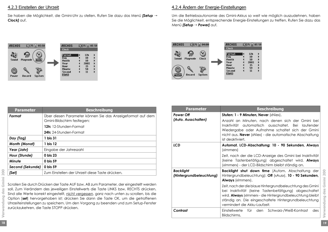 Archos 220 manual Einstellen der Uhrzeit, 4 Ändern der Energie-Einstellungen, Gmini 