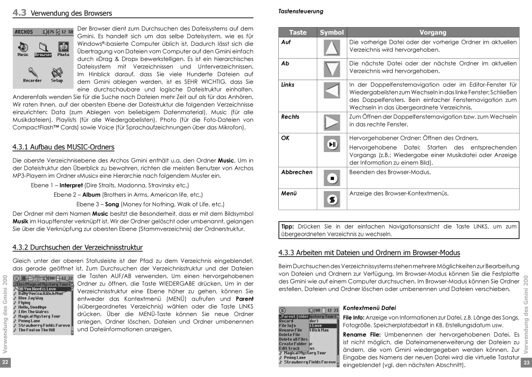 Archos 220 manual Verwendung des Browsers, Aufbau des MUSIC-Ordners, Durchsuchen der Verzeichnisstruktur 