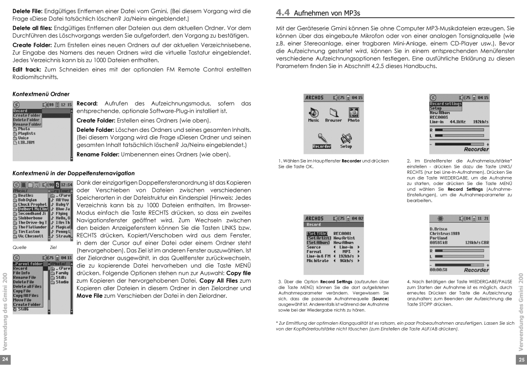 Archos 220 manual Aufnehmen von MP3s, Kontextmenü Ordner, Kontextmenü in der Doppelfensternavigation, Verwendung des Gmini 