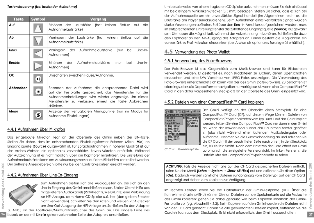 Archos 220 manual Aufnahmen über Mikrofon, Aufnahmen über Line-In-Eingang, Dateien von einer CompactFlash Card kopieren 