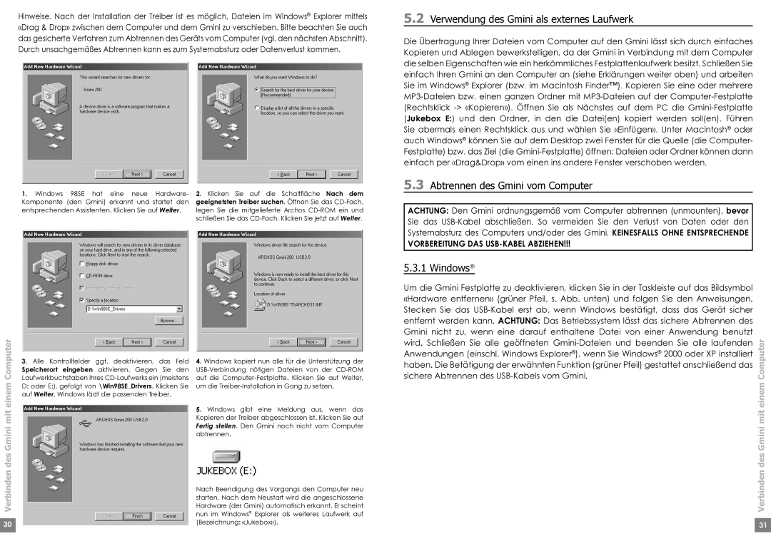 Archos 220 manual Verwendung des Gmini als externes Laufwerk, Abtrennen des Gmini vom Computer, Windows 