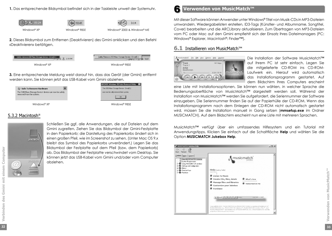 Archos 220 manual Verwenden von MusicMatch, Macintosh, Installieren von MusicMatch 