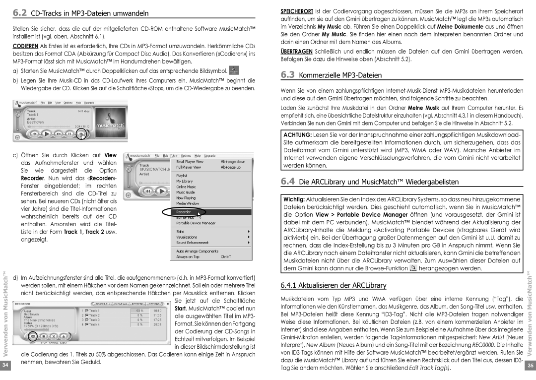 Archos 220 CD-Tracks in MP3-Dateien umwandeln, Kommerzielle MP3-Dateien, Die ARCLibrary und MusicMatch Wiedergabelisten 