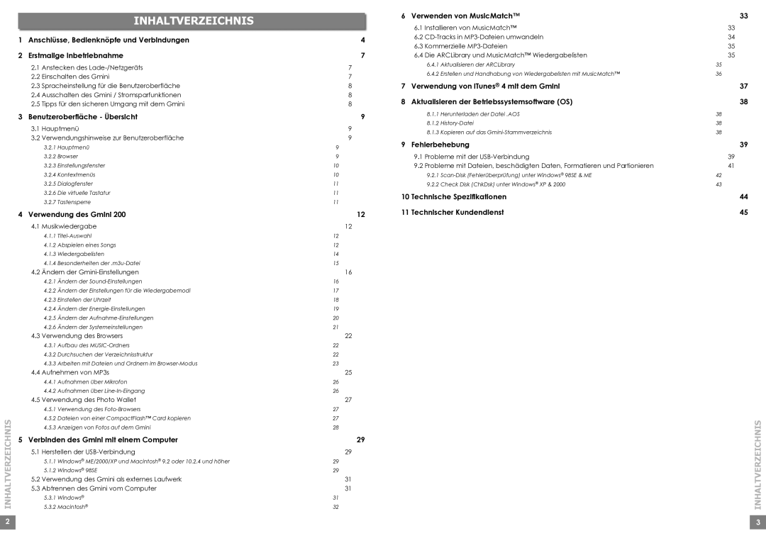 Archos 220 manual Inhaltverzeichnis 