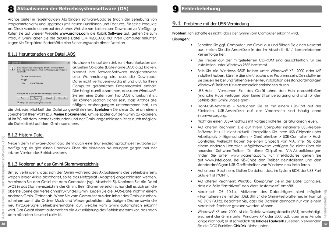 Archos 220 manual Aktualisieren der Betriebssystemsoftware OS, Fehlerbehebung 