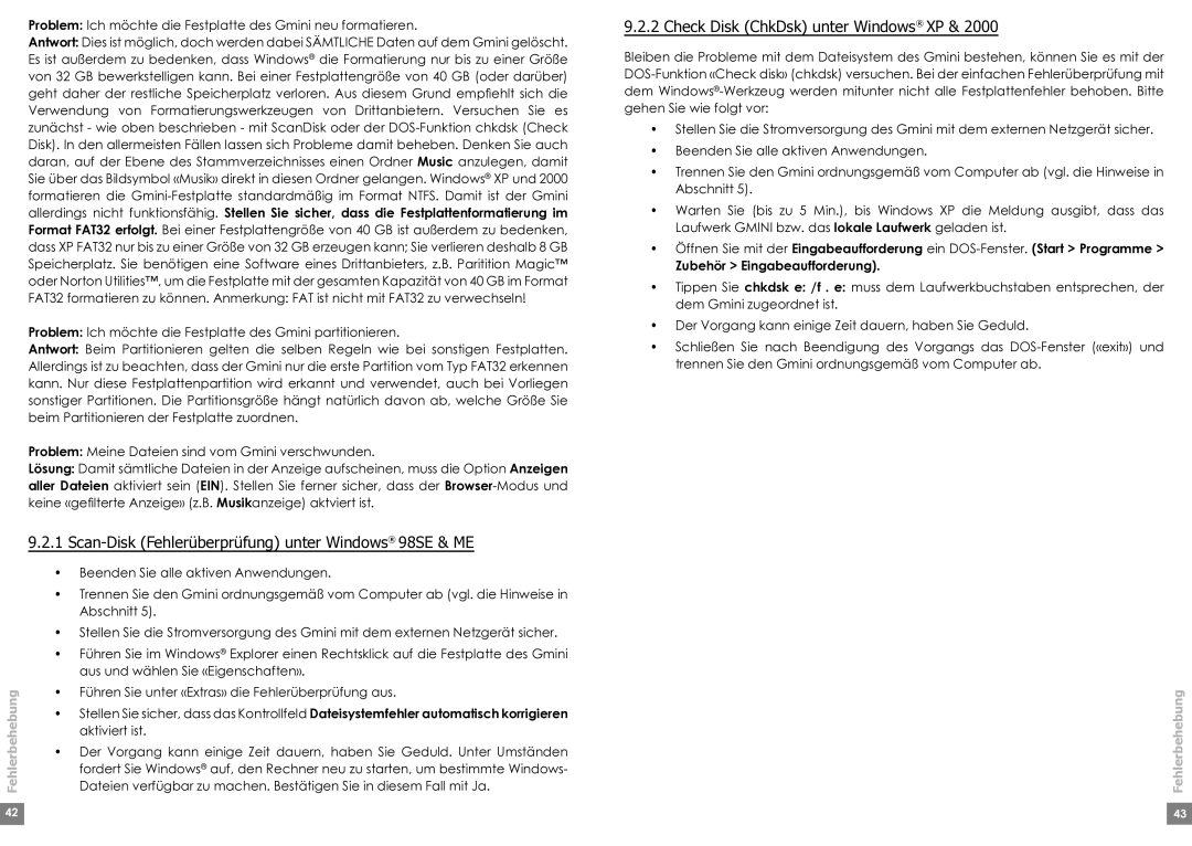 Archos 220 manual Scan-Disk Fehlerüberprüfung unter Windows 98SE & ME, Check Disk ChkDsk unter Windows XP, Fehlerbehebung 