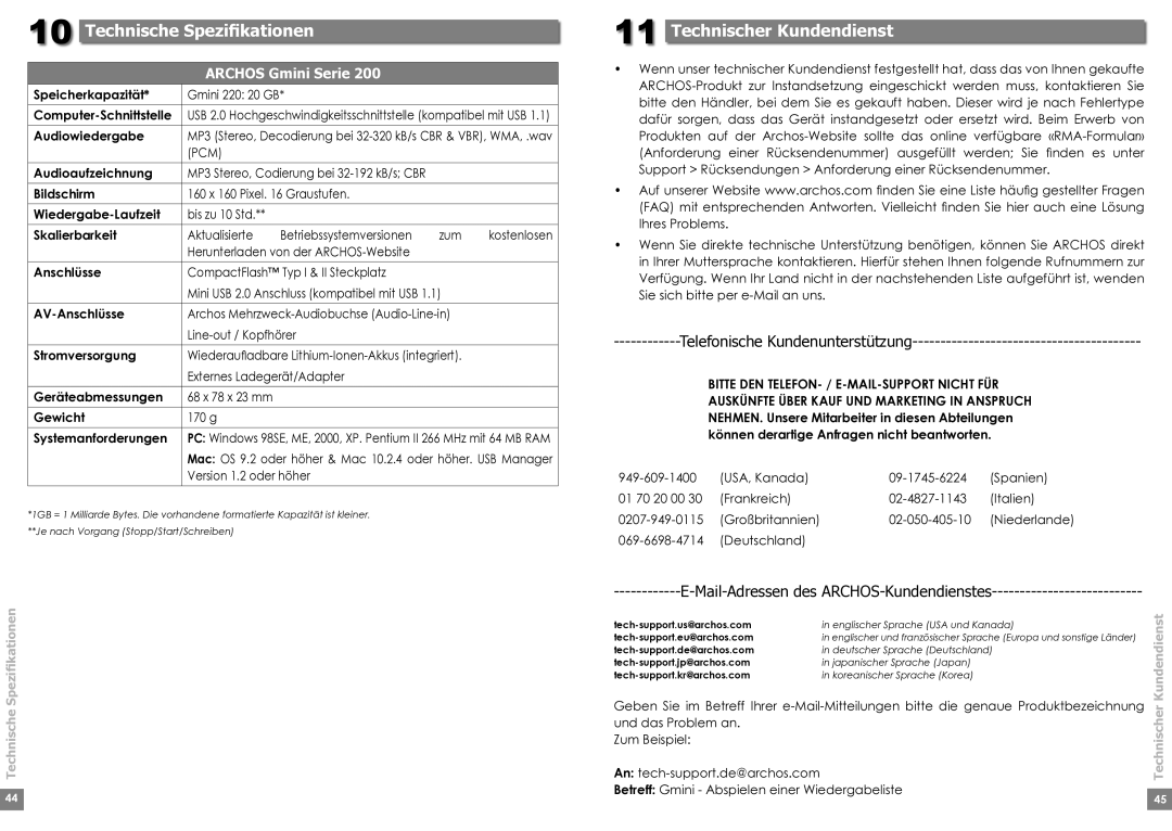 Archos 220 manual Technische Speziﬁkationen, Technischer Kundendienst, Telefonische Kundenunterstützung 