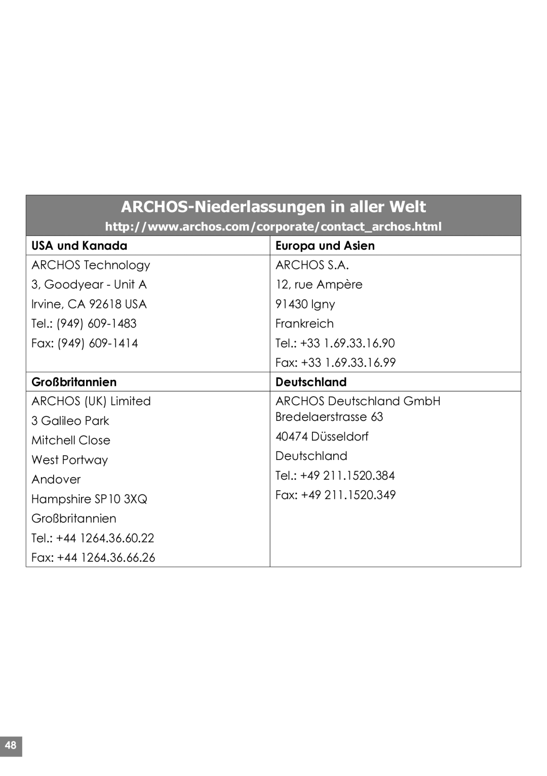 Archos 220 manual ARCHOS-Niederlassungen in aller Welt, USA und Kanada Europa und Asien, Archos Technology 