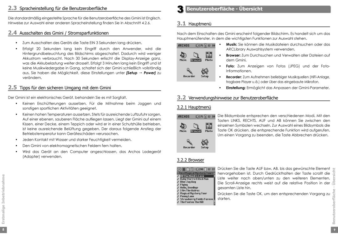 Archos 220 manual Benutzeroberﬂäche Übersicht 