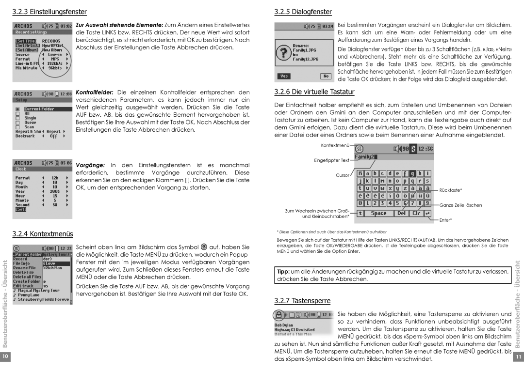 Archos 220 manual Einstellungsfenster, Dialogfenster, Die virtuelle Tastatur, Kontextmenüs, Tastensperre 