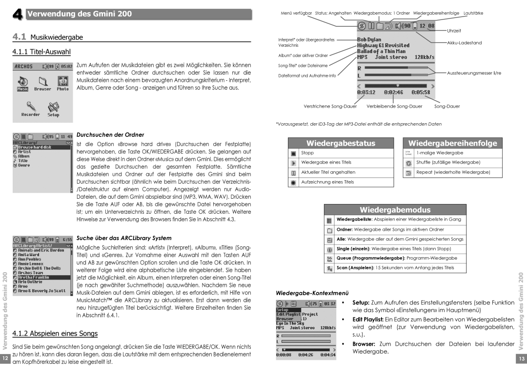 Archos 220 manual Verwendung des Gmini, Wiedergabestatus, Wiedergabereihenfolge, Wiedergabemodus 