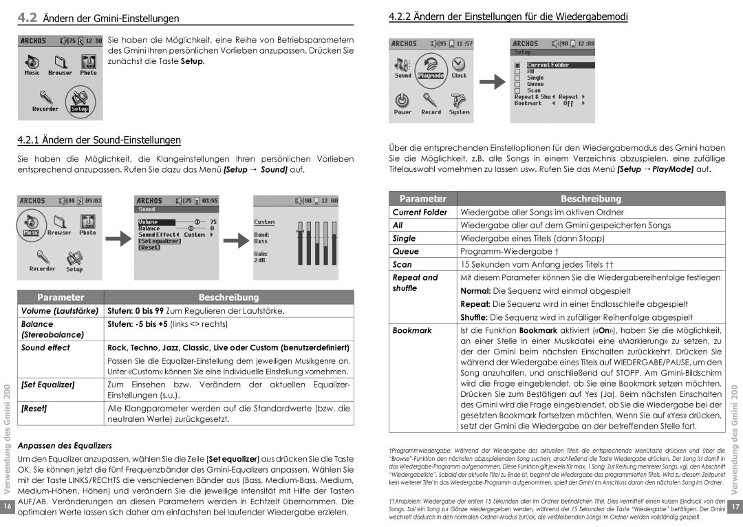 Archos 220 manual Ändern der Gmini-Einstellungen, 1 Ändern der Sound-Einstellungen, Des 