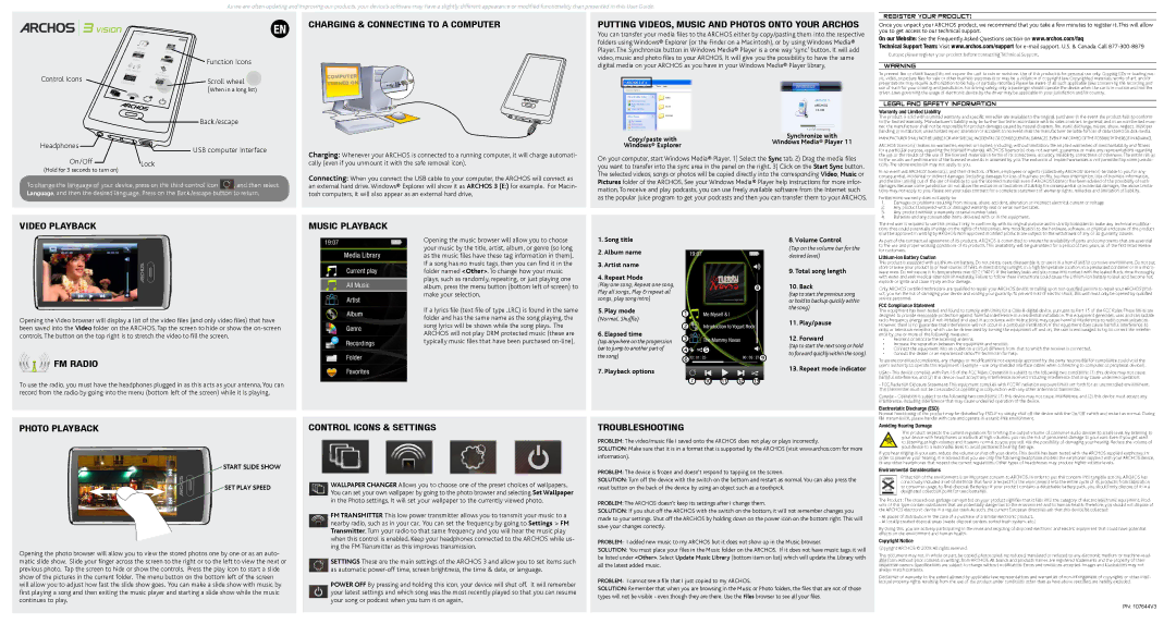 Archos 501338 warranty Charging & connecting to a computer, Putting videos, Music and photos onto your ARCHOs 