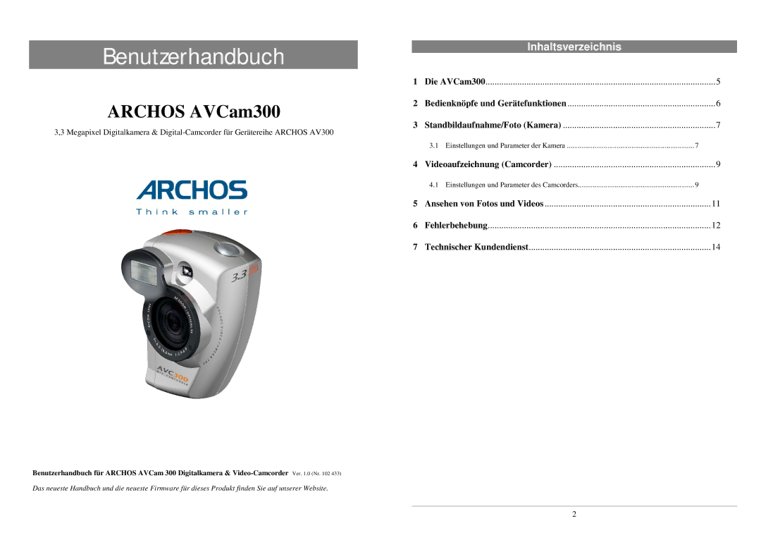 Archos 300 manual Benutzerhandbuch, Inhaltsverzeichnis 